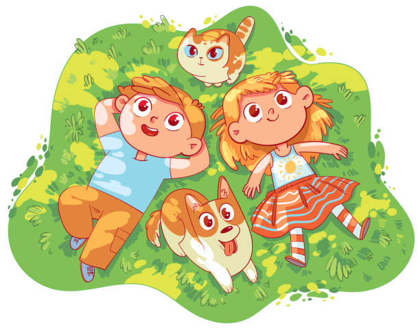 Girl, boy, dog and cat lying on green grass together. Sun glare on faces. Top view Girl, boy, dog and cat lying on green grass together. Sun glare on faces. Top view. Funny cartoon character. Vector illustration. Isolated on white background drawing of spring free stock illustrations
