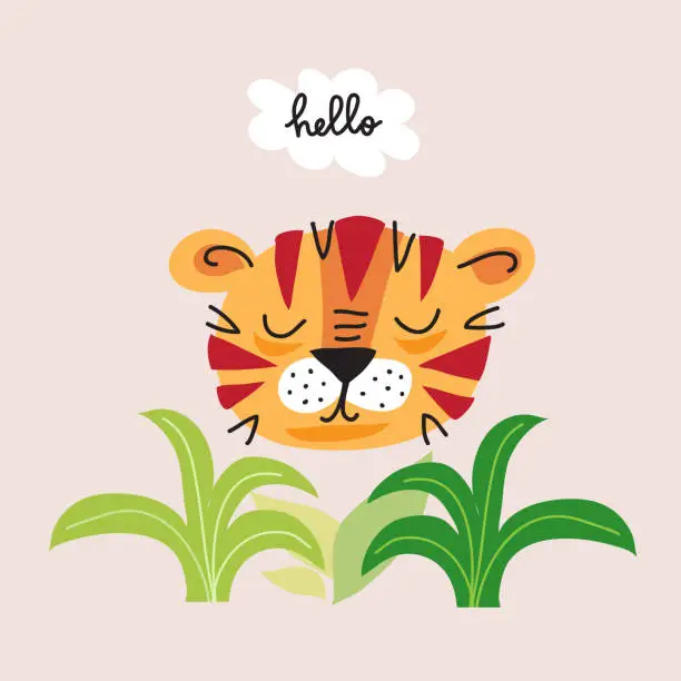 Vector illustration of Cute cartoon tiger in cartoon  style. Text slogan 