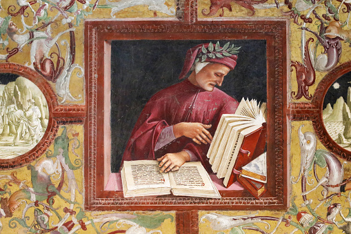 Portrait of Dante Aligheri painted a wall of Orvieto Cathedral, Italy.