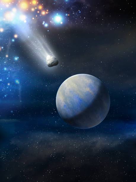 Earth-like exoplanet in deep space. An asteroid is approaching the planet. stock photo