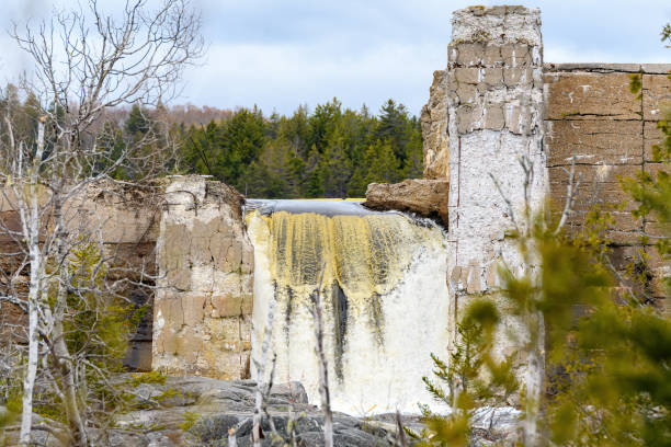 Water flows over an old broken dam. The dam is crumbling, and is seen through trees. Overcast sky.