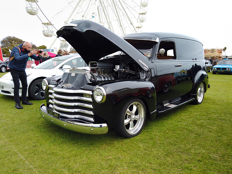 a side view of the The Purple People Eater Hot rod as it arrives at Tongala Show and Shine Victoria Australia