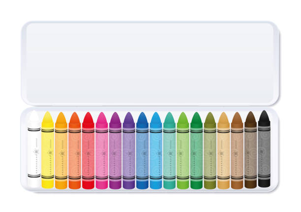 woskowe pastelowe kredki, kolorowy zestaw w białym metalowym pudełku posortowanym według koloru. izolowana ilustracja wektorowa na białym tle. - kredka pastelowa stock illustrations