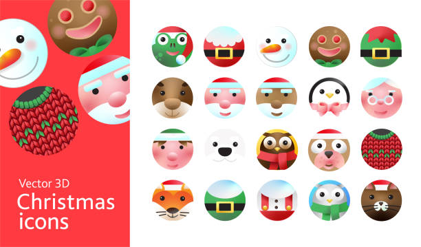 ilustrações de stock, clip art, desenhos animados e ícones de christmas characters 3d icon design set in bright gradient colors - white background close up frog amphibian