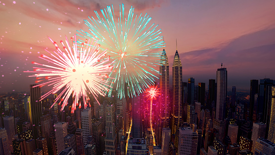 Firework Explode Festivities on  Urban Skyline Background. Holiday Aerial Fireworks in City Sky