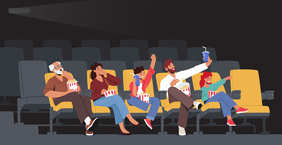 Family Characters Watching Movie at Cinema. Young Mother, Father and Grandfather, Daughter and Son Enjoying Film at Movie Theatre. Weekend Entertaining Happiness. Cartoon People Vector Illustration