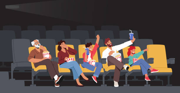 Family Watching Movie at Cinema. Young Mother, Father and Grandfather, Daughter and Son Enjoying Film at Movie Theatre Family Characters Watching Movie at Cinema. Young Mother, Father and Grandfather, Daughter and Son Enjoying Film at Movie Theatre. Weekend Entertaining Happiness. Cartoon People Vector Illustration audience illustrations stock illustrations