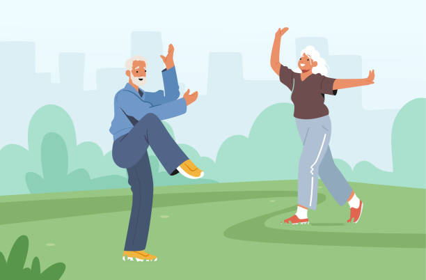 Tai Chi Classes for Elderly People. Senior Characters Exercising Outdoors, Healthy Lifestyle, Body Flexibility Training Tai Chi Group Classes for Elderly People. Senior Characters Exercising Outdoors, Healthy Lifestyle, Body Flexibility Training. Pensioners Morning Workout at City Park. Cartoon Vector Illustration qi gong stock illustrations