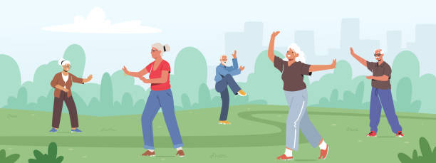 senioren trainieren im freien machen tai chi für gesunden körper, flexibilität und wellness. rentner morgen workout - senior adult sport yoga exercising stock-grafiken, -clipart, -cartoons und -symbole