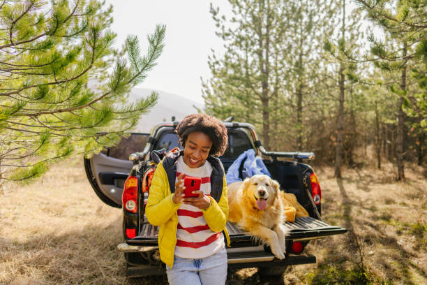 istock Young woman using mobile phone while on a road trip 1319657650