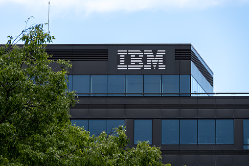 Bois-Colombes, France - May 22, 2021: Exterior view of the French headquarters of IBM, an American multinational corporation active in computer hardware, software, hosting and consulting services
