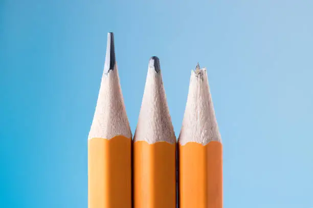 Sharp pencil, dull pencil and broken pencil. Variation, life cycle, wear and aging, concept.