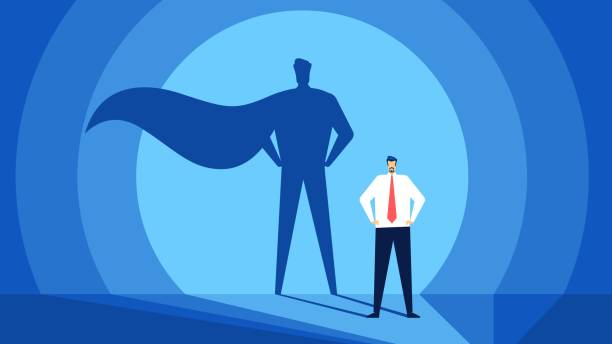 illustrations, cliparts, dessins animés et icônes de homme d’affaires avec l’ombre de super-héros. leader fort et réussi. succès d’entreprise, leadership confiant, ambition ou concept de vecteur de puissance - superhero