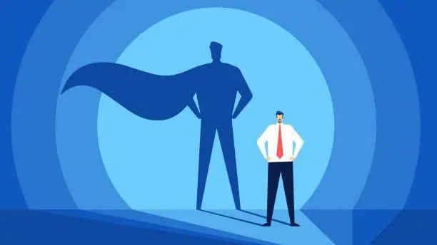 Vector illustration of Businessman with superhero shadow. Successful and strong leader. Business success, confident leadership, ambition or power vector concept