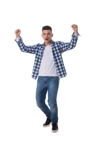 istock Portrait of man with arms raised 1319664178