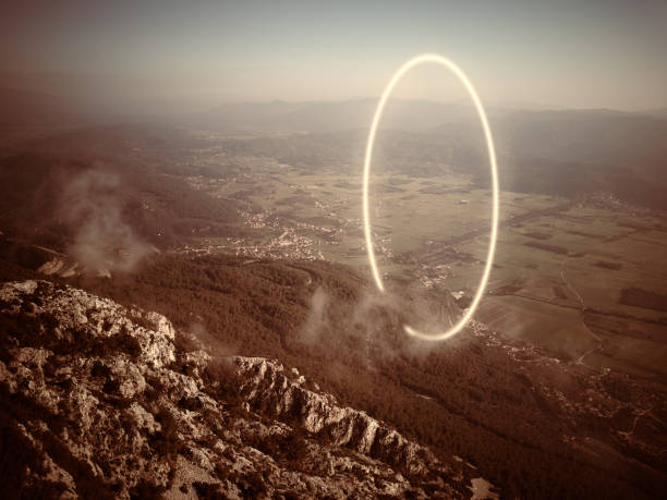 istock Circular circle of mystical neon light in the landscape 1319665913