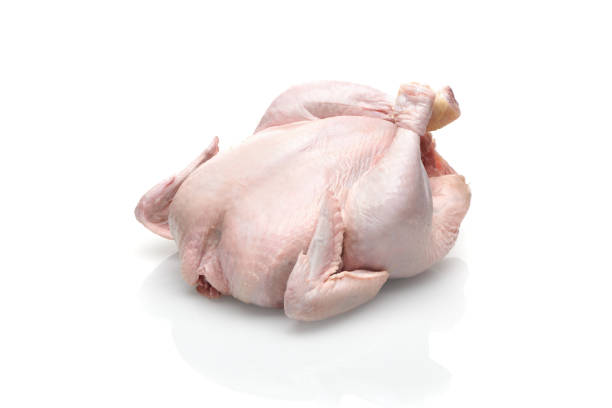 istock Raw hen broiler isolated on white background. Whole fresh raw chicken closeup view. 1319668886