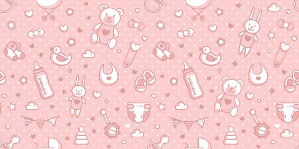 Baby Related Seamless Pattern In Pink Colors. Baby Related Seamless Pattern In Pink Colors. Girly Vector Cartoon Illustration pregnant patterns stock illustrations
