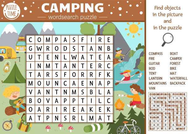 wektor camping wordsearch puzzle dla dzieci. prosty obóz letni krzyżówka z leśną sceną dla dzieci. edukacyjna aktywność słów kluczowych z wędkarsk, wędrówki, gra na gitarze. - 4729 stock illustrations
