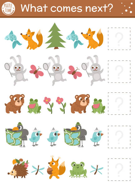 ilustrações de stock, clip art, desenhos animados e ícones de what comes next. forest matching activity for preschool children with cute woodland animals. funny educational puzzle. logical worksheet. continue the row game with rabbit, bear, frog, fox, bird. - 4739