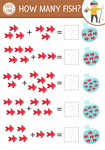 How many fish game with cute fishes in the bag with water. Summer math addition activity for preschool children. Printable simple counting worksheet for kids with boy and rod