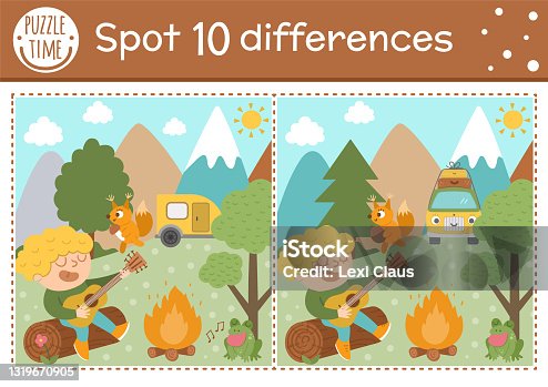 istock Find differences game for children. Summer camp educational activity with kid playing the guitar. Printable worksheet with cute camping or forest scenery. Woodland preschool sheet 1319670905