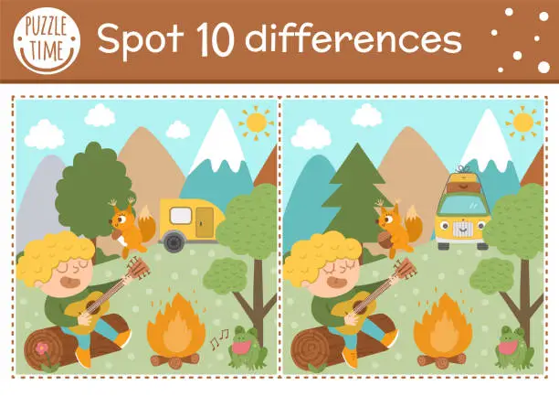 Vector illustration of Find differences game for children. Summer camp educational activity with kid playing the guitar. Printable worksheet with cute camping or forest scenery. Woodland preschool sheet