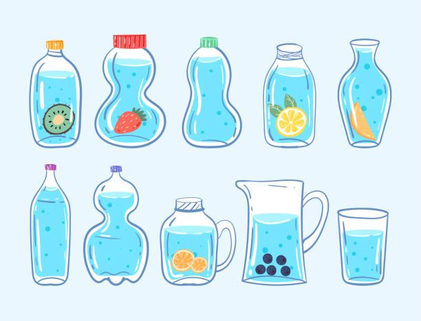 ilustraciones, imágenes clip art, dibujos animados e iconos de stock de conjunto de azul saludable limpian diferentes botellas de agua con limón y bayas aisladas sobre fondo blanco y estilo doodle dibujado a mano - lemon isolated clean water