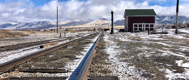 Looking down the railroad at the local station in Ely, Nevada.