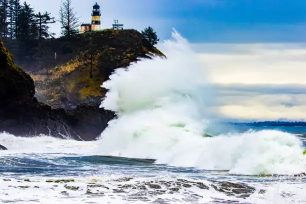 Photo of Large Wave Crashes Onshore at Cape Disappointment Lighthouse