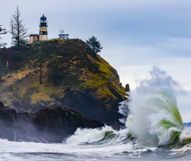 Photo of Large Wave Crashes Onshore at Cape Disappointment Lighthouse