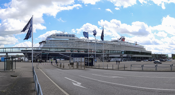 Kiel, Germany - 23th May 2021: The big German cruise ship called Mein Schiff 1 in the port of Kiel in Germany