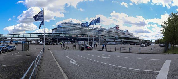 Kiel, Germany - 23th May 2021: The big German cruise ship called Mein Schiff 1 in the port of Kiel in Germany