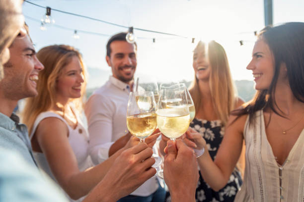 Group of friends having drinks at sunset. Group of friends having drinks at sunset. They are celebrating with a wine toast. They are drinking white wine. They are smiling, laughing and having fun. party social event stock pictures, royalty-free photos & images