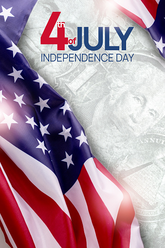 American national flag on a vertical banner against dollar bill elements with empty space for text. Good for poster or stories to independence day usa.