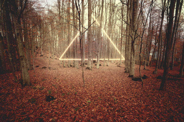 istock Mystical yellow futuristic vertical triangle neon light between trees in forest 1319684189