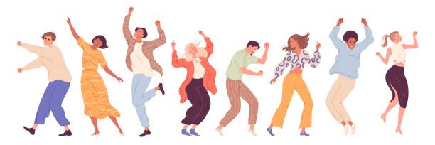 группа молодых счастливых танцующих людей, танцующих персонажей. танцевальная вечеринка, дискотека - woman dancing stock illustrations