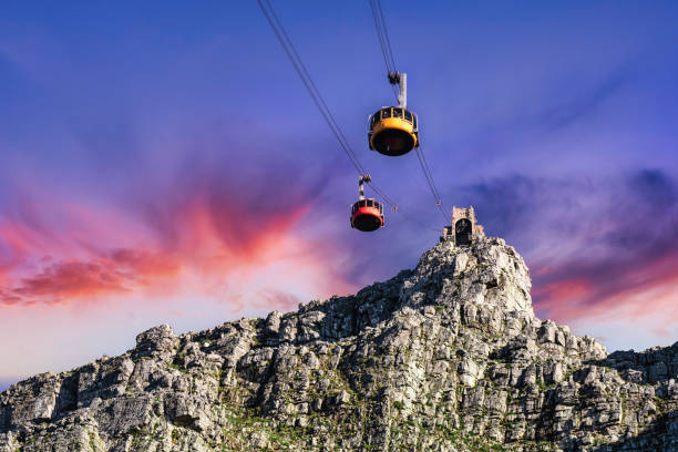 Table Mountain cable cars under a bright red sky - Great outdoors adventure and travel holiday destination, Cape Town, South Table Mountain cable cars under a bright red sky - Great outdoors adventure and travel holiday destination, Cape Town, South Africa cape peninsula photos stock pictures, royalty-free photos & images