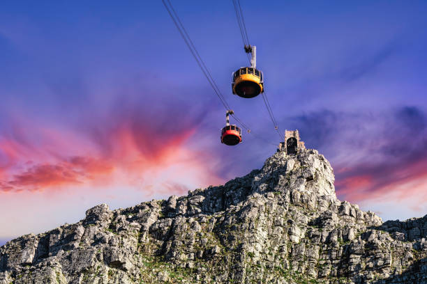 Table Mountain cable cars under a bright red sky - Great outdoors adventure and travel holiday destination, Cape Town, South Table Mountain cable cars under a bright red sky - Great outdoors adventure and travel holiday destination, Cape Town, South Africa peninsula stock pictures, royalty-free photos & images