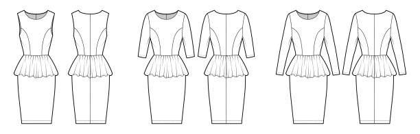 Set of dresses peplum technical fashion illustration with long sleeve, fitted body, knee length sheath skirt, round neck Set of dresses peplum technical fashion illustration with long elbow sleeves, fitted body, knee length sheath skirt, round neck. Flat apparel front, back, white color style. Women, unisex CAD mockup Peplum tops and dresses stock illustrations