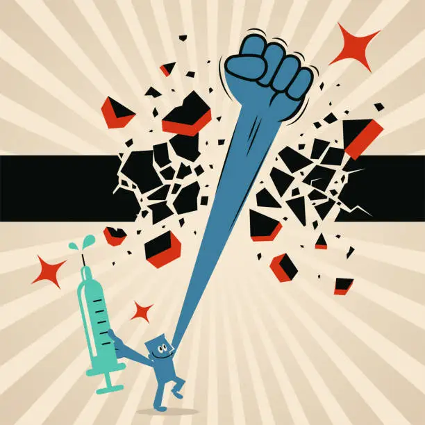 Vector illustration of One man holding a Covid-19 Vaccine syringe and punching breaking through a ceiling wall with his powerful fist
