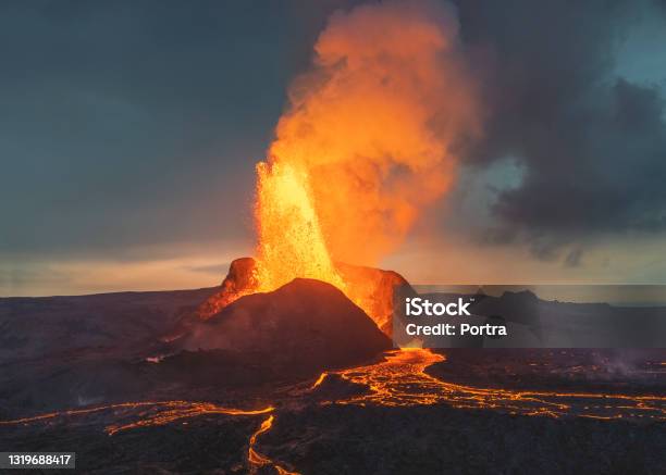 Volcanic Eruption In Iceland Stock Photo - Download Image Now - Volcano, Erupting, Lava