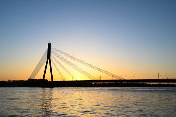 istock Scenic view of long cable-stayed bridge silhouette over the river at sunset. 1319690295