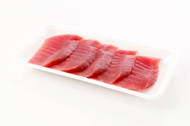 fresh raw tuna steaks on white background - tuna steak tuna prepared ahi meat imagens e fotografias de stock