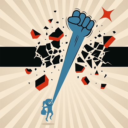 Blue Characters Vector Art Illustration.
One woman (businesswoman, female leader) punches and breaks through a ceiling wall with her powerful fist, breakthrough, and revolution, conquering adversity and breaking the rules concept.