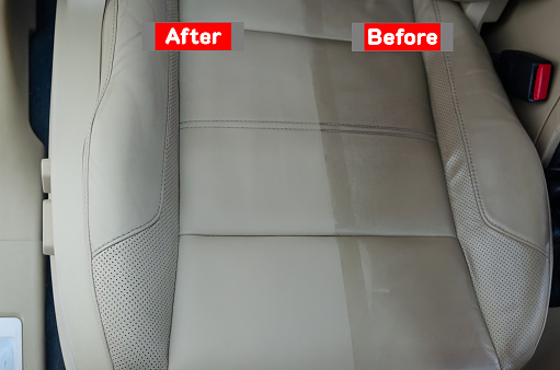 Before and after the leather seat cleaning service.