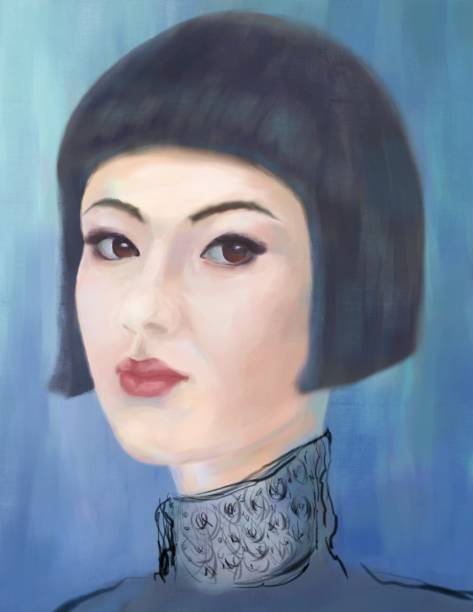 illustrazioni stock, clip art, cartoni animati e icone di tendenza di ritratto pittorico di una ragazza asiatica in stile impressionista - colletto alzato