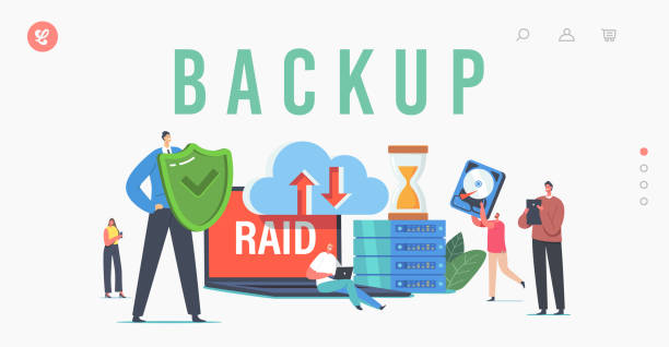 ilustrações de stock, clip art, desenhos animados e ícones de backup landing page template. characters in data center around laptop with raid, redundant array of independent disks - raid array