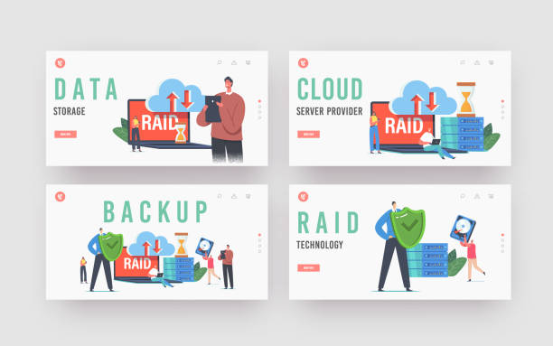 ilustrações de stock, clip art, desenhos animados e ícones de backup landing page template set. tiny characters in data center around huge laptop with raid, redundant array - raid array