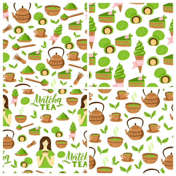 illustrations, cliparts, dessins animés et icônes de ensemble de modèle de thé vert matcha. collection de motifs de culture japonaise transparente avec poudre matcha, bol, théière, feuilles et cupcake. - green tea tea zen like japan